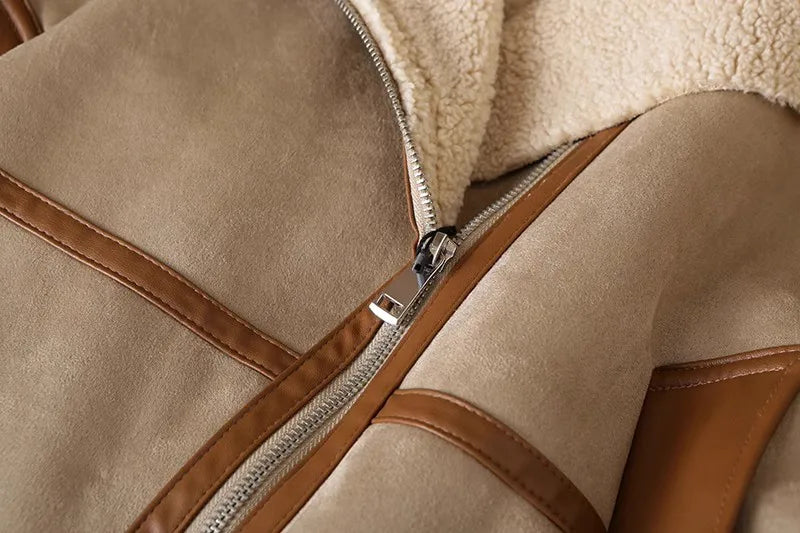 Women's Patchwork Fleece Jacket – Relaxed Zip-Up Winter Jacket