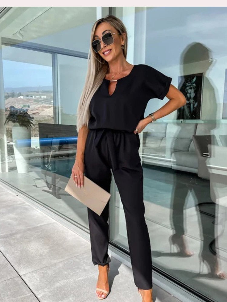 Women's Short Sleeve Wide Leg Jumpsuit – Tie Waist Round Neck Jumpsuit