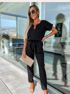 Women's Short Sleeve Wide Leg Jumpsuit – Tie Waist Round Neck Jumpsuit