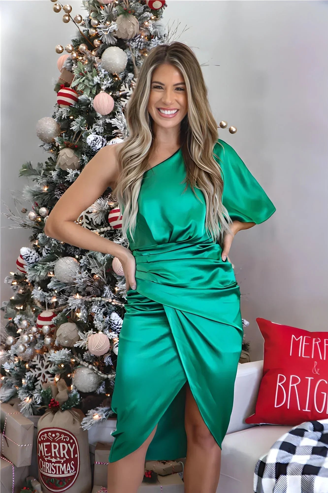 Women's One Shoulder Evening Gown – Pleated High Slit Formal Dress