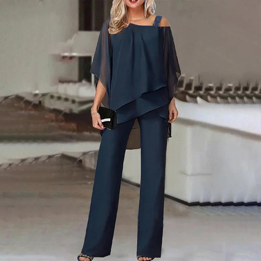 Women's Cold Shoulder Wide Leg Jumpsuit – Layered Look Evening Jumpsuit