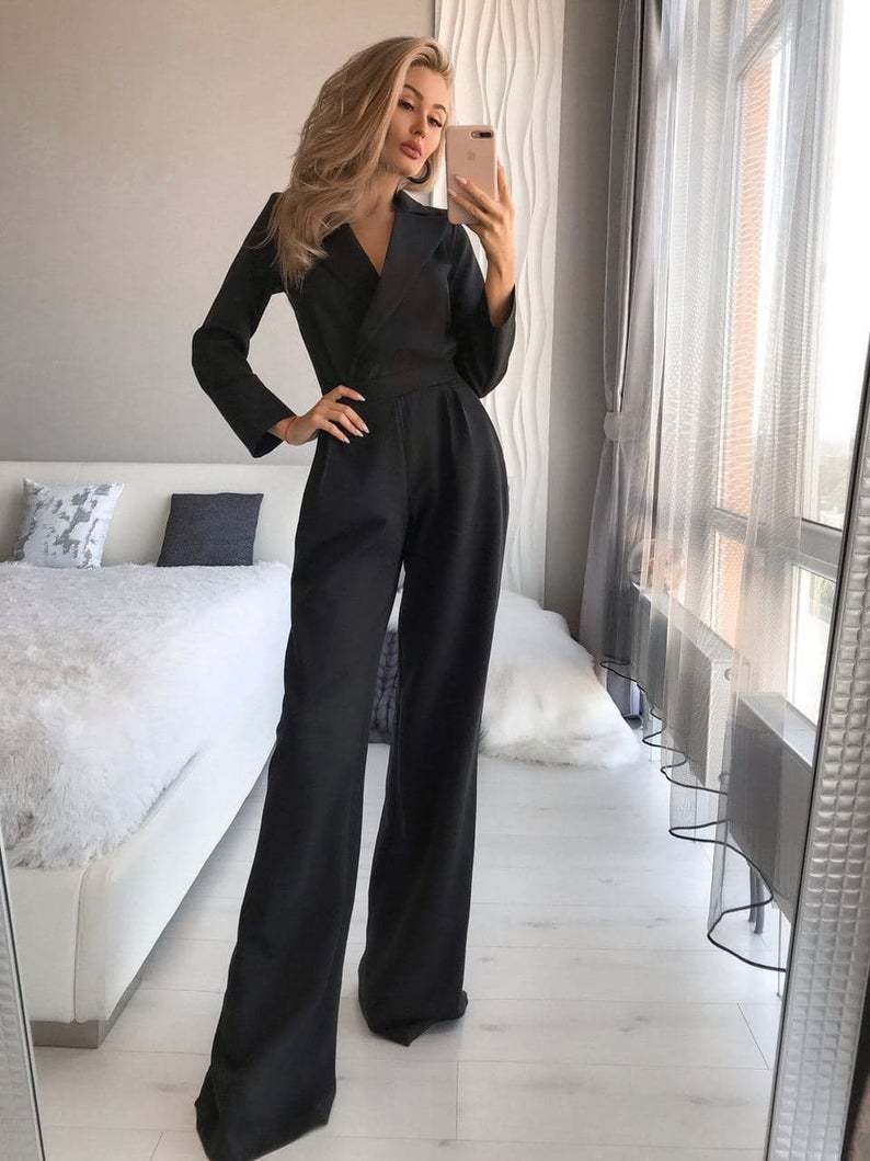Women's Fitted Long Sleeve Jumpsuit – Tailored Evening Occasion Jumpsuit