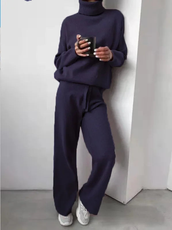 Women's Roll Neck Knit Set – Long Sleeve Top & Matching Bottom Set