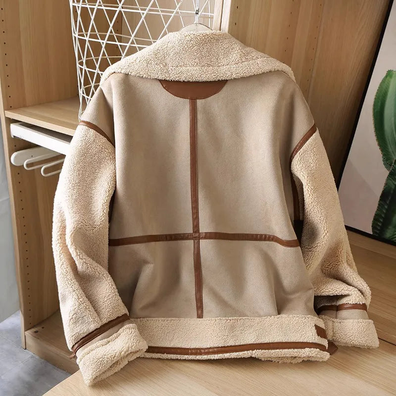Women's Patchwork Fleece Jacket – Relaxed Zip-Up Winter Jacket