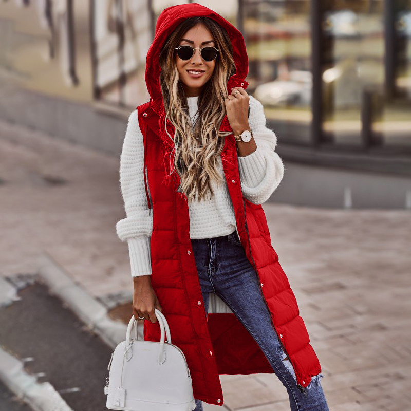 Women's Long Hooded Puffer Vest – Sleeveless Quilted Pocket Bodywarmer