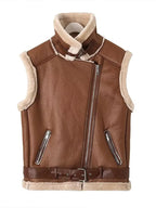 Women's Faux Leather Gilet – Fur Lined Sleeveless Winter Vest