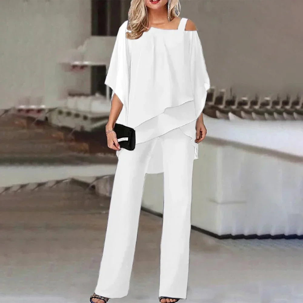 Women's Cold Shoulder Wide Leg Jumpsuit – Layered Look Evening Jumpsuit
