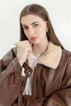 Women's Faux Leather Winter Jacket – Fleece Lined Oversized Coat