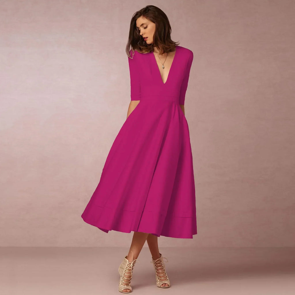 Women's Wedding Guest A-Line Midi Dress – Flowy Formal Occasion Dress