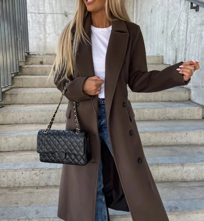 Women's Long Lapel Coat – Button Front Tailored Overcoat