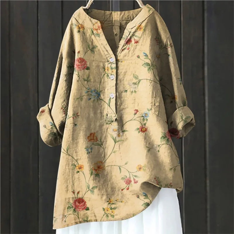 Women's Floral Blouse with Split Neckline and Loose Fit