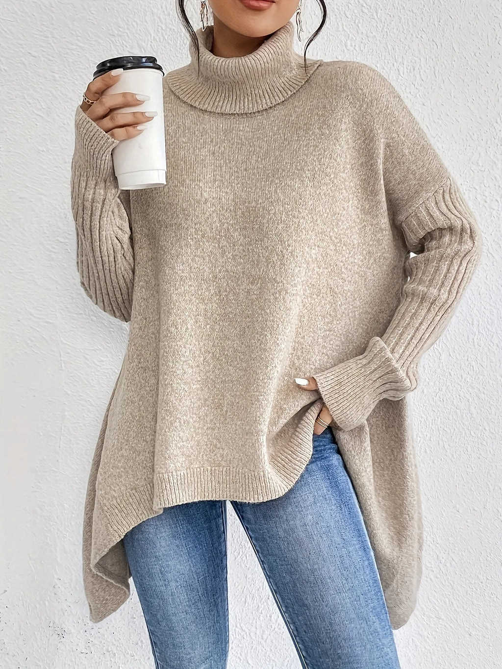 Women's Oversized High Neck Sweater – Relaxed Winter Knit Sweater