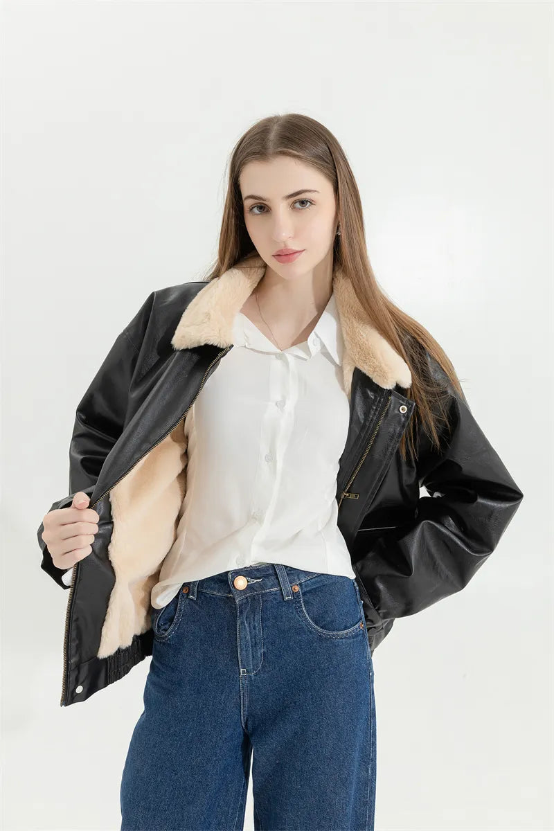Women's Faux Leather Winter Jacket – Fleece Lined Oversized Coat