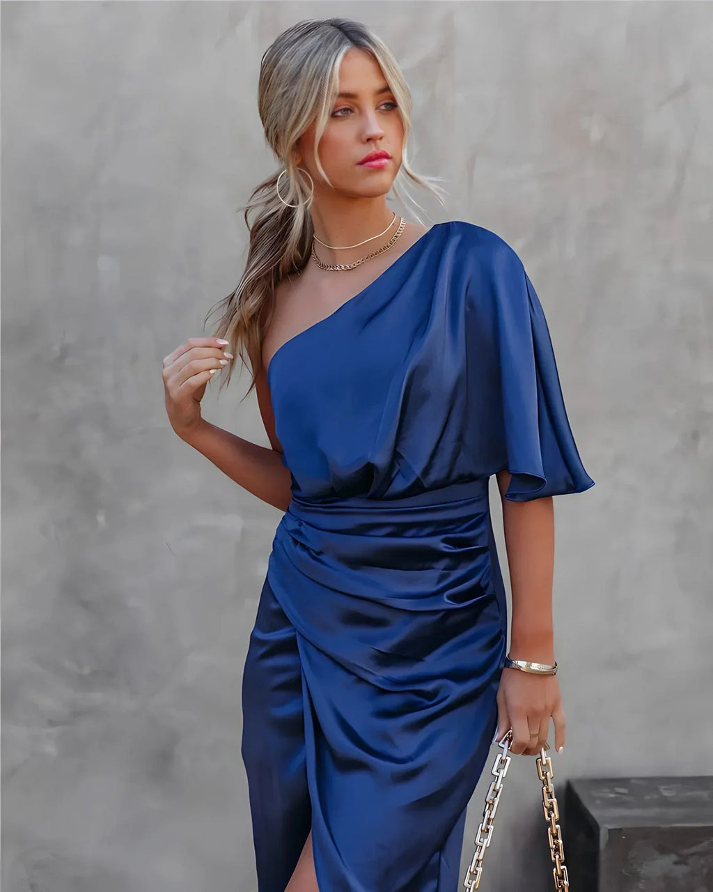 Women's One Shoulder Evening Gown – Pleated High Slit Formal Dress