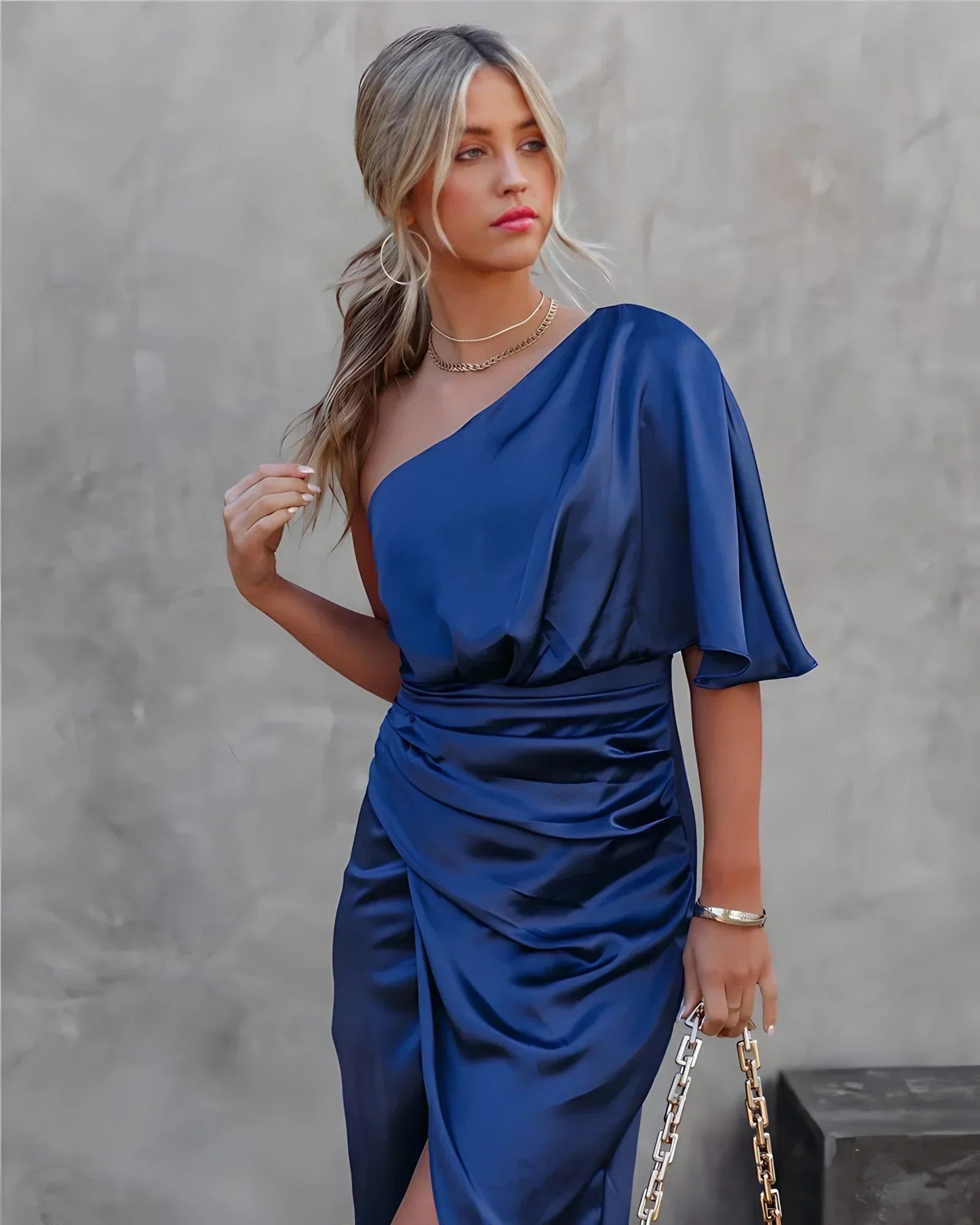 Women's One Shoulder Evening Gown – Pleated High Slit Formal Dress