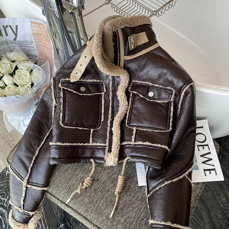 Women's Faux Leather Winter Coat – Plush Collar Moto Jacket