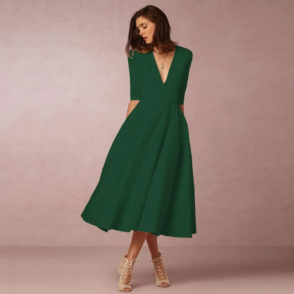 Women's Wedding Guest A-Line Midi Dress – Flowy Formal Occasion Dress