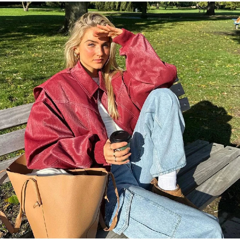 Women's Cropped Faux Leather Jacket – Patchwork Zip-Up Jacket