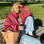 Women's Cropped Faux Leather Jacket – Patchwork Zip-Up Jacket
