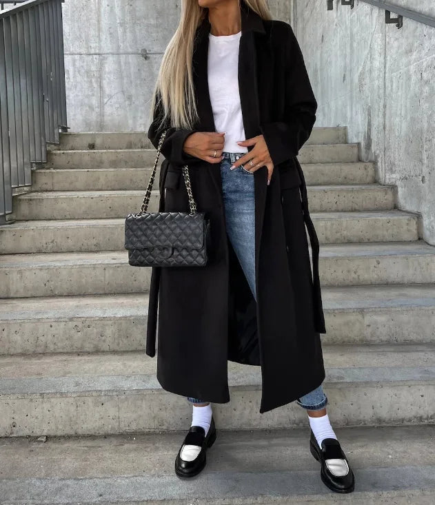 Women's Long Lapel Coat – Button Front Tailored Overcoat