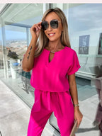 Women's Short Sleeve Wide Leg Jumpsuit – Tie Waist Round Neck Jumpsuit