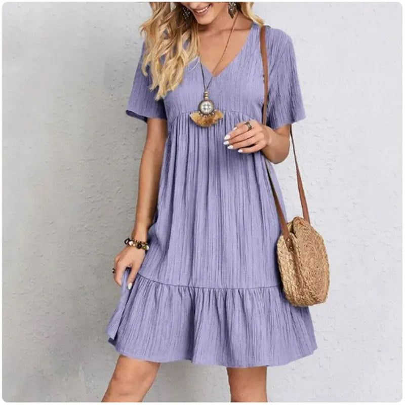Women's V-Neck Summer Dress – Short Sleeve Ruffle Flowy Dress