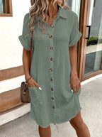 Women's Vintage V-Neck Dress – Three-Quarter Sleeve Flowy Dress