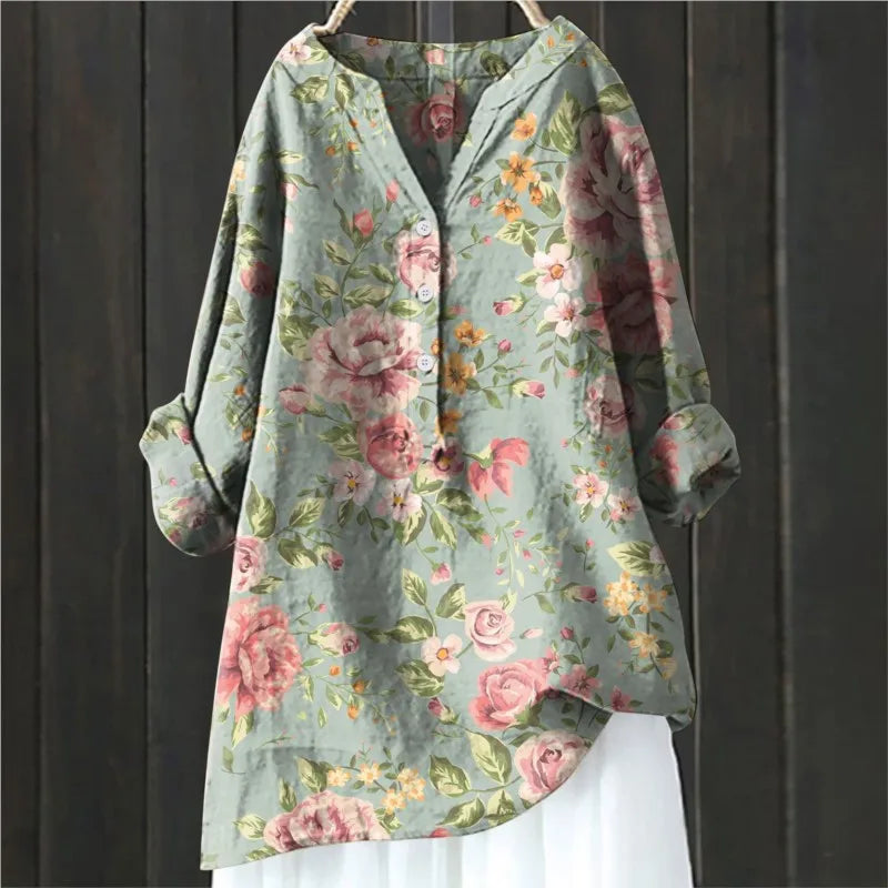 Women's Floral Blouse with Split Neckline and Loose Fit