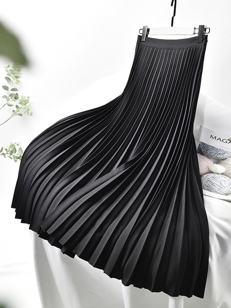 Women's High Waist Pleated Skirt – A-Line Midi Skirt