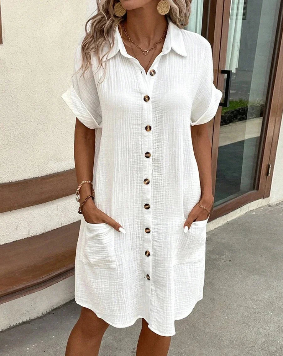Women's Vintage V-Neck Dress – Three-Quarter Sleeve Flowy Dress