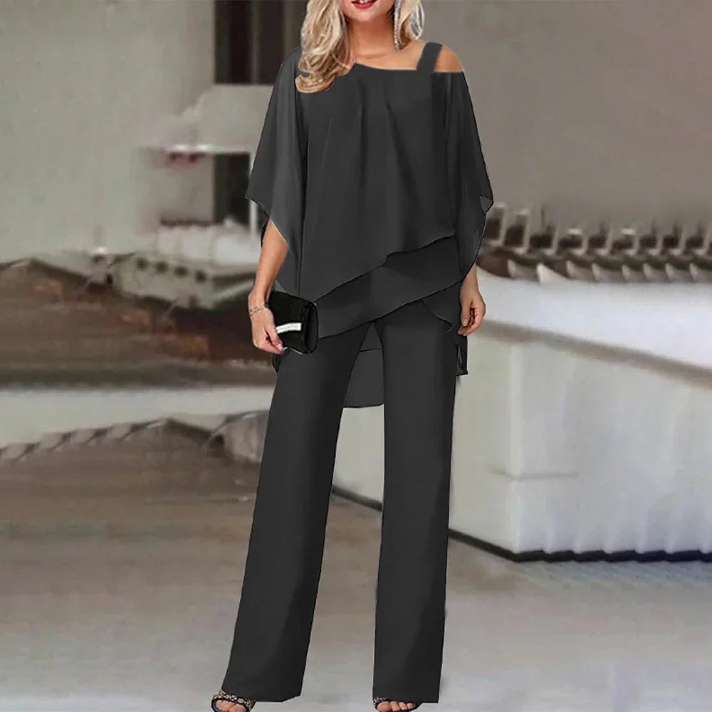 Women's Cold Shoulder Wide Leg Jumpsuit – Layered Look Evening Jumpsuit