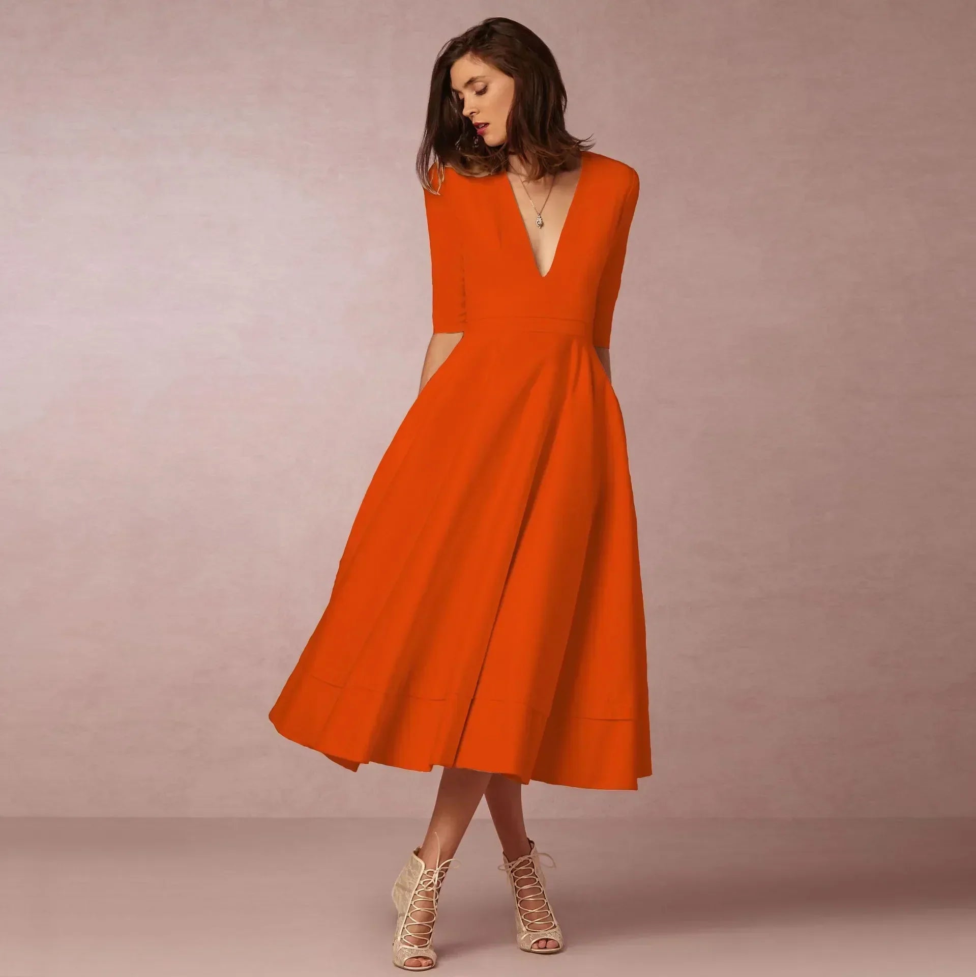 Women's Wedding Guest A-Line Midi Dress – Flowy Formal Occasion Dress