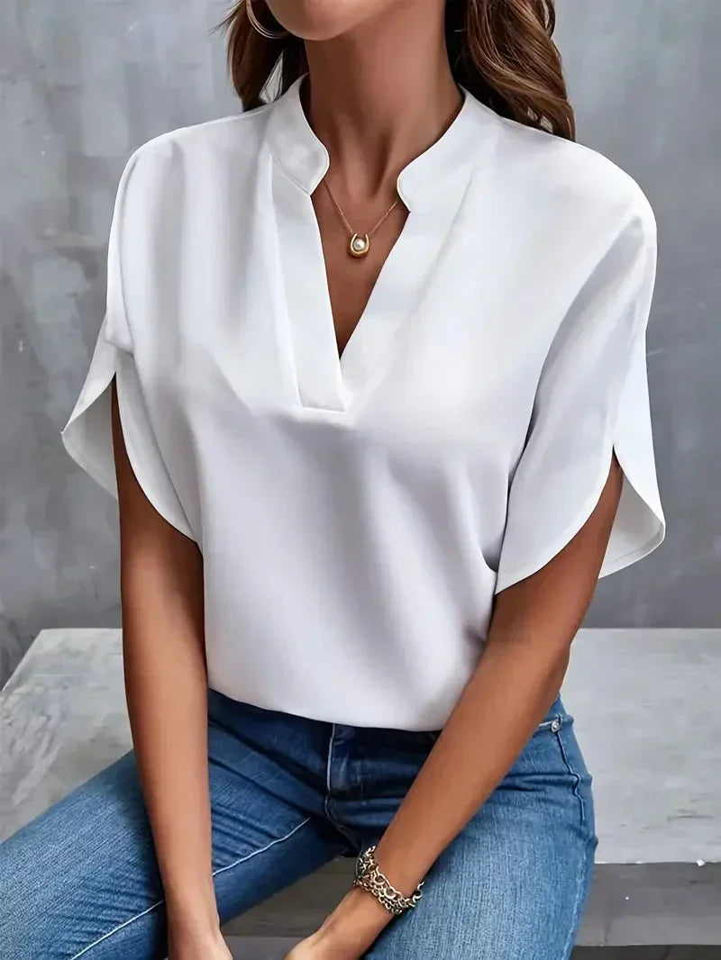 Women's Side Slit V-Neck Blouse – Relaxed Flowy Longline Blouse