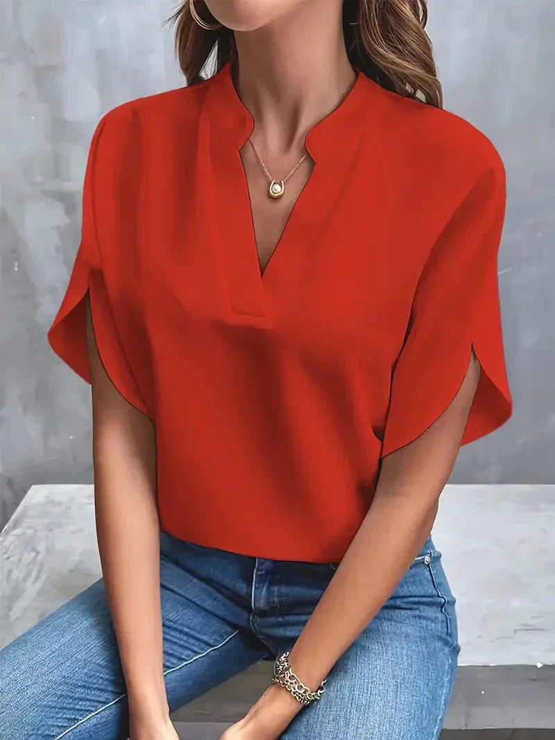 Women's Side Slit V-Neck Blouse – Relaxed Flowy Longline Blouse
