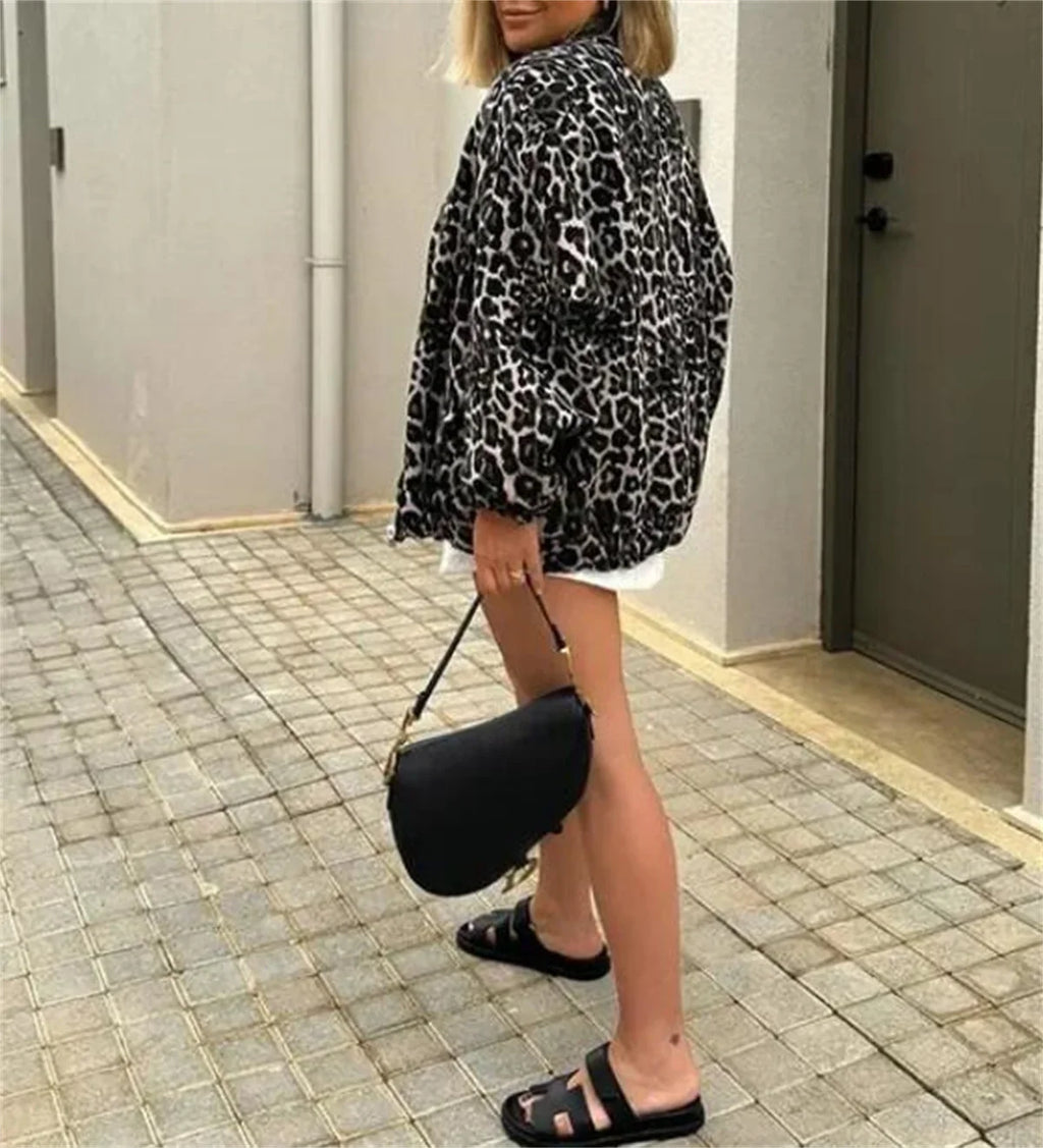 Women's Leopard Print Bomber Jacket – Zip-Up Animal Print Jacket