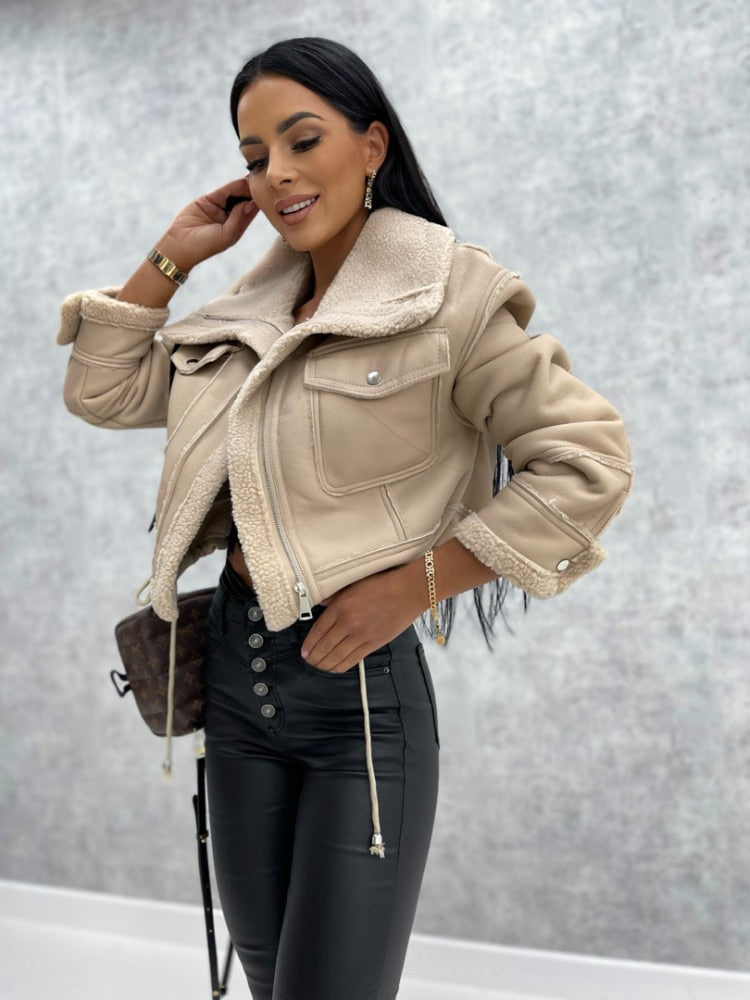 Women's Shearling Style Jacket – Zip-Up Pocket Winter Coat