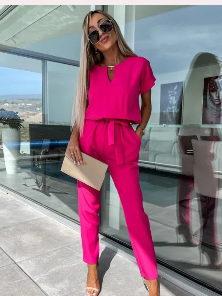 Women's Short Sleeve Wide Leg Jumpsuit – Tie Waist Round Neck Jumpsuit
