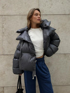 Women's Shiny Puffer Jacket – Oversized High Collar Winter Jacket