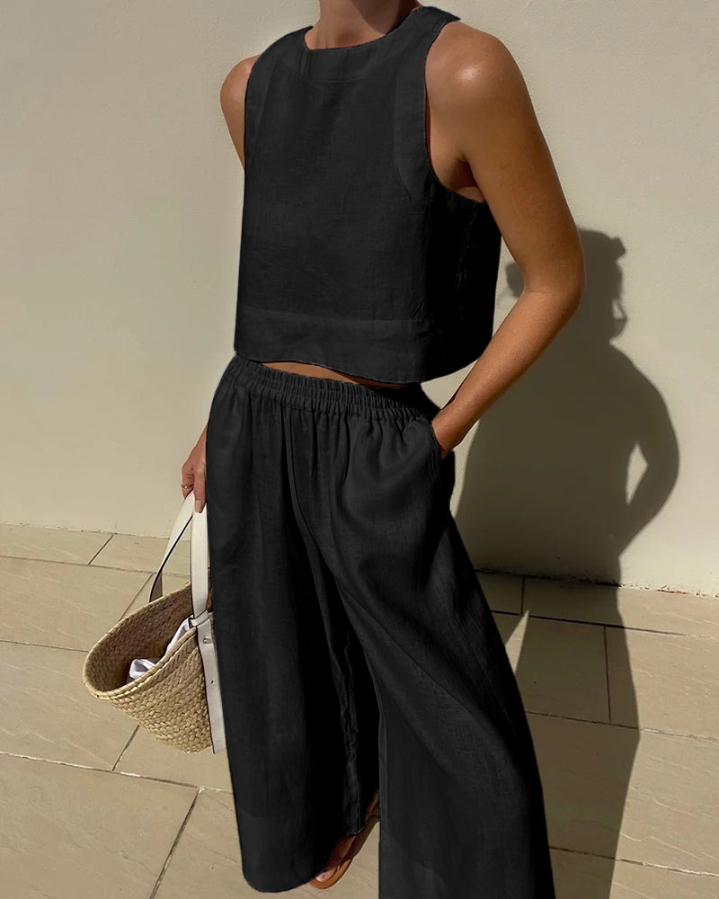 Women's Crop Top Pants Set – High Waist Wide Leg Summer Set