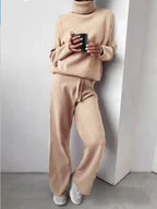 Women's Roll Neck Knit Set – Long Sleeve Top & Matching Bottom Set