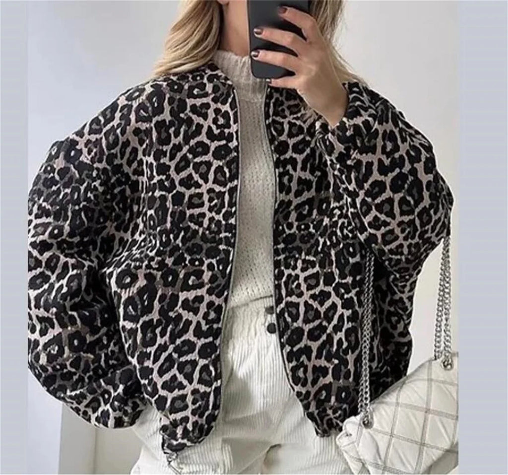 Women's Leopard Print Bomber Jacket – Zip-Up Animal Print Jacket