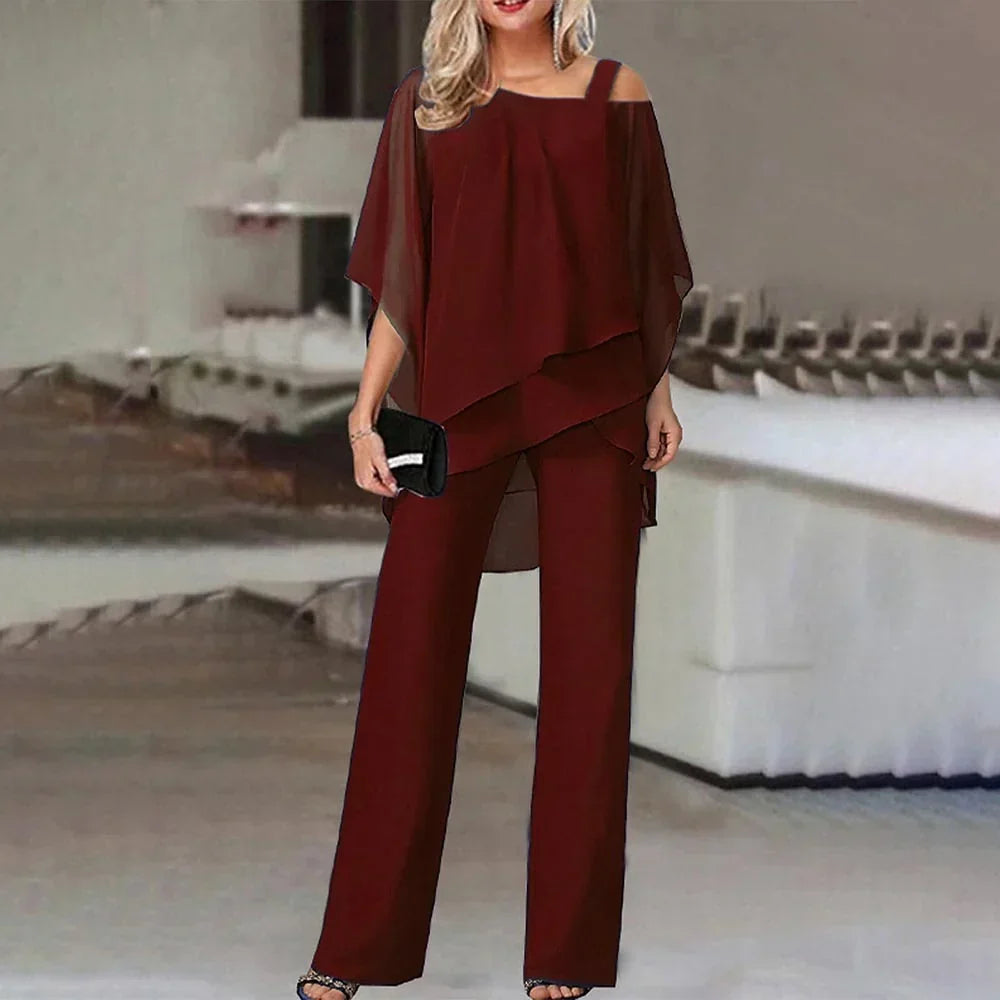 Women's Cold Shoulder Wide Leg Jumpsuit – Layered Look Evening Jumpsuit