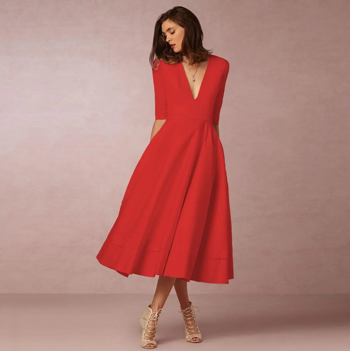 Women's Wedding Guest A-Line Midi Dress – Flowy Formal Occasion Dress