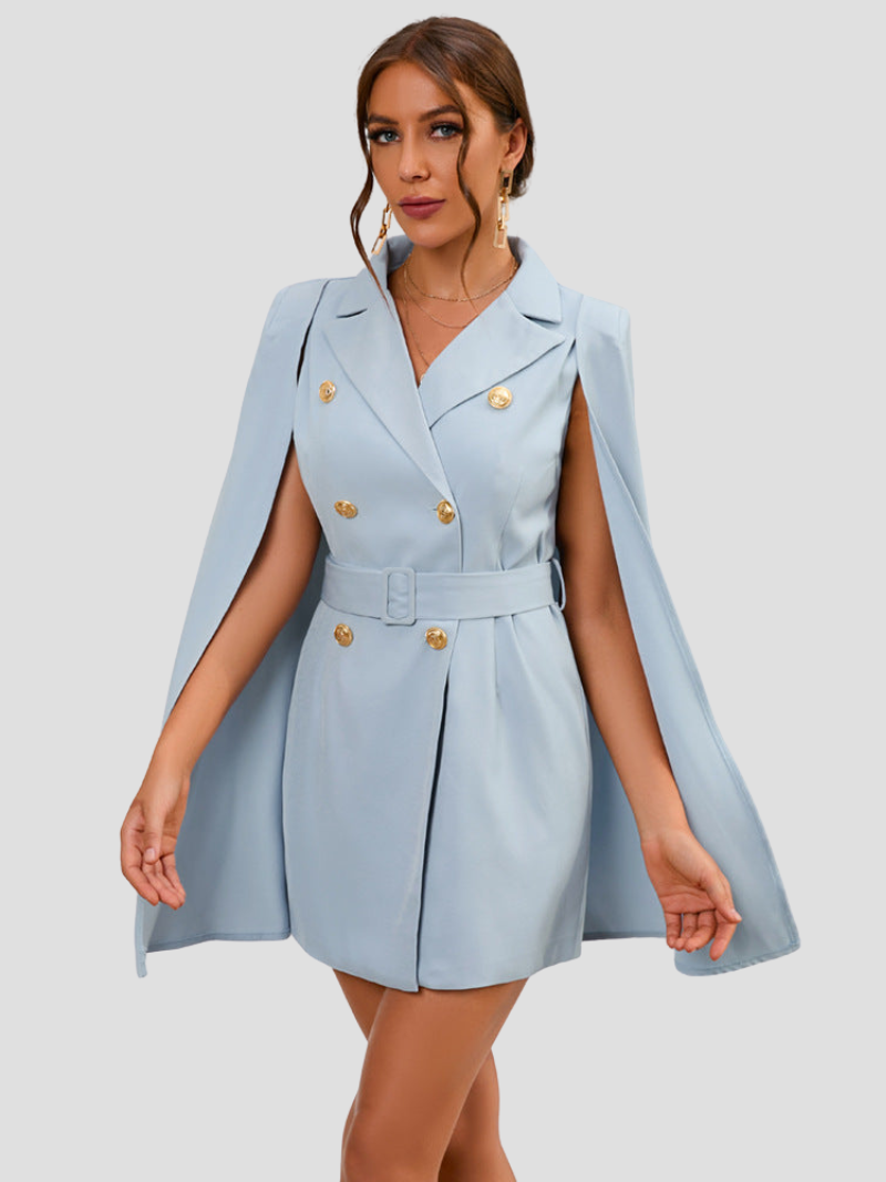Women's Cape Blazer Dress – Belted Gold Button Formal Dress