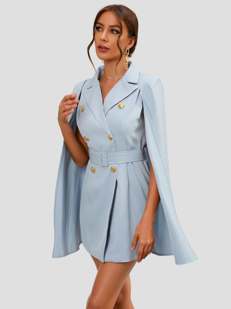 Women's Cape Blazer Dress – Belted Gold Button Formal Dress