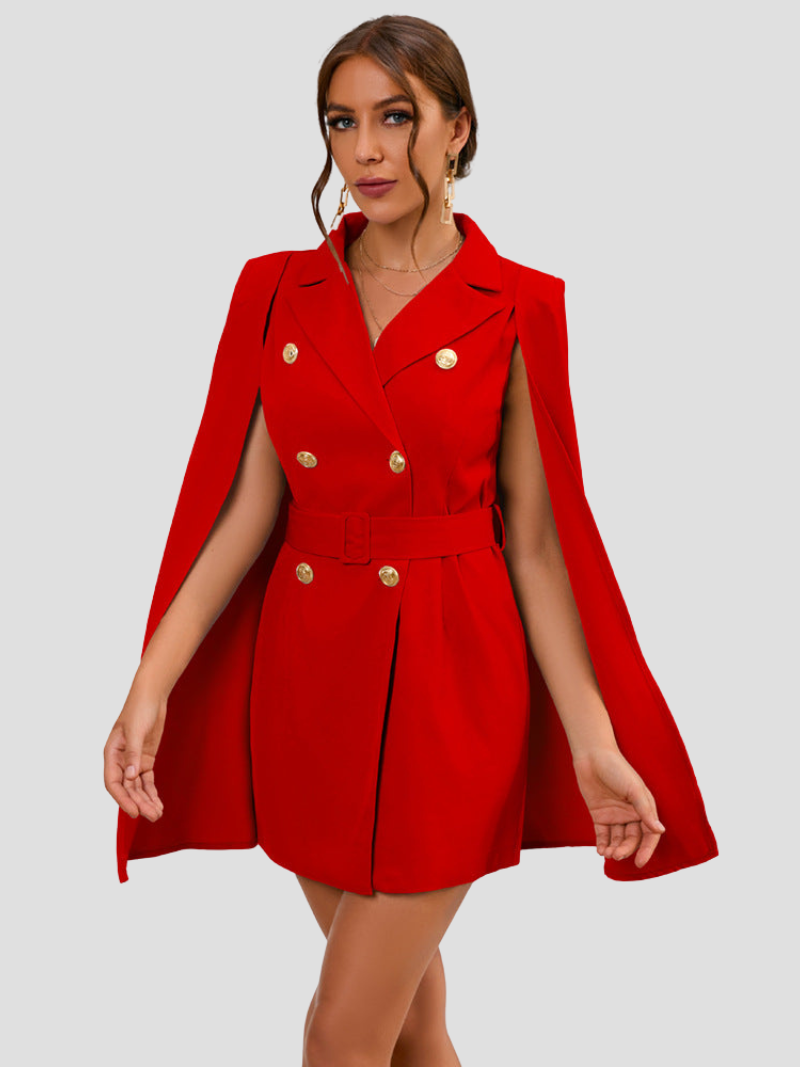Women's Cape Blazer Dress – Belted Gold Button Formal Dress