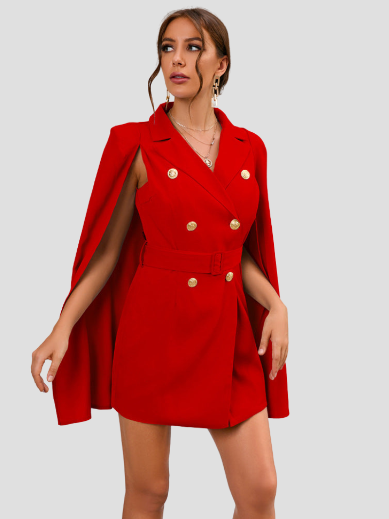 Women's Cape Blazer Dress – Belted Gold Button Formal Dress