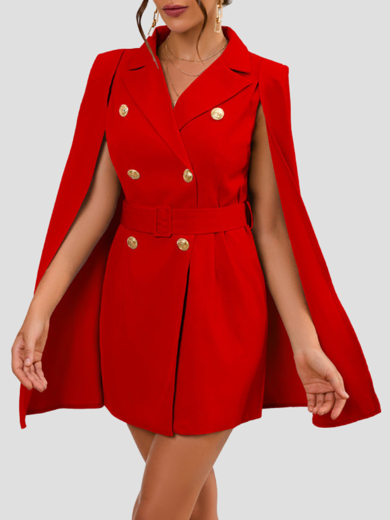 Women's Cape Blazer Dress – Belted Gold Button Formal Dress