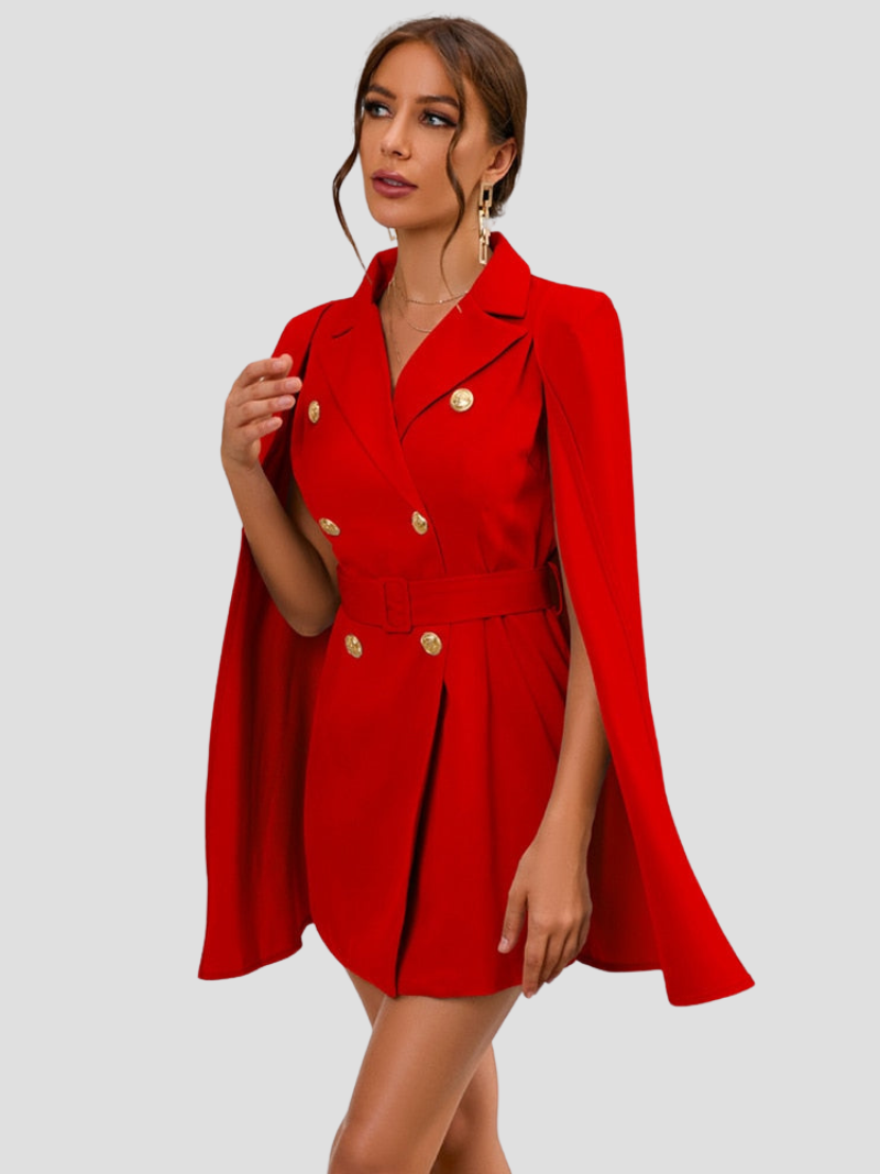 Women's Cape Blazer Dress – Belted Gold Button Formal Dress