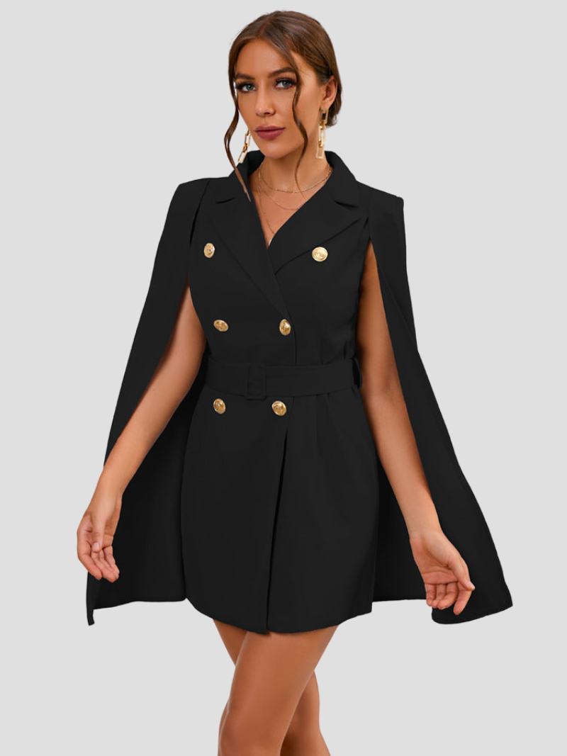 Women's Cape Blazer Dress – Belted Gold Button Formal Dress